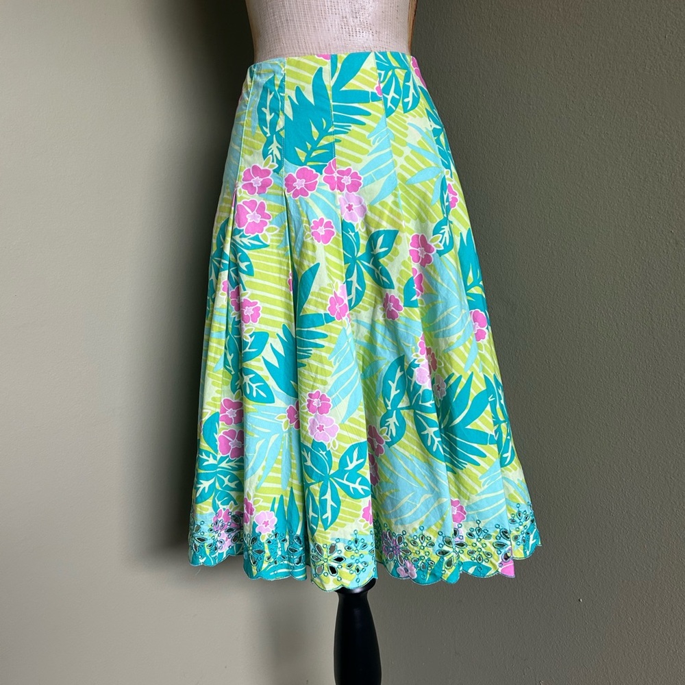 Lilly Pulitzer Pleated A-Lined Floral Green and Pink Women's Skirt White Label - Picture 3 of 5